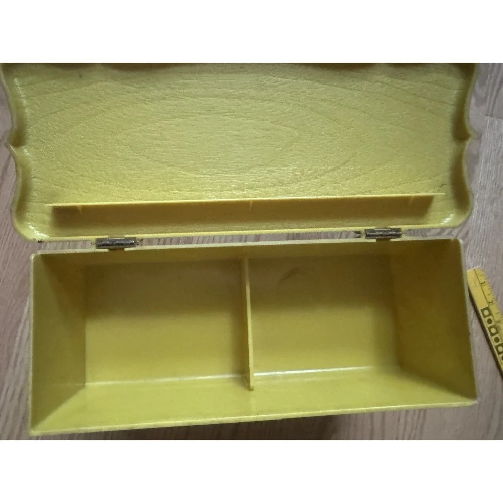 Vintage 1970s Harvest Gold Faux Wood‎ Recipe Box Sunflower Plastic Storage Chest